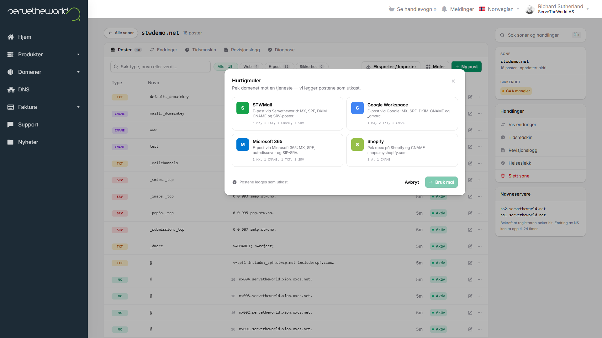 Dialogboksen "Maler" som viser alternativene STWMail, Google Workspace, Microsoft 365 og Shopify