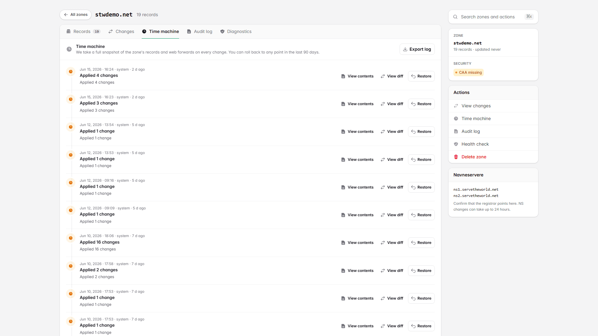 The Time machine tab listing dated snapshots with View contents, View diff, and Restore