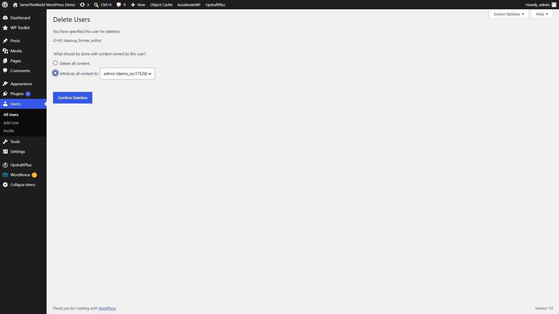 WordPress Delete Users confirmation screen with Attribute all content to selected so the departing user's posts are reassigned