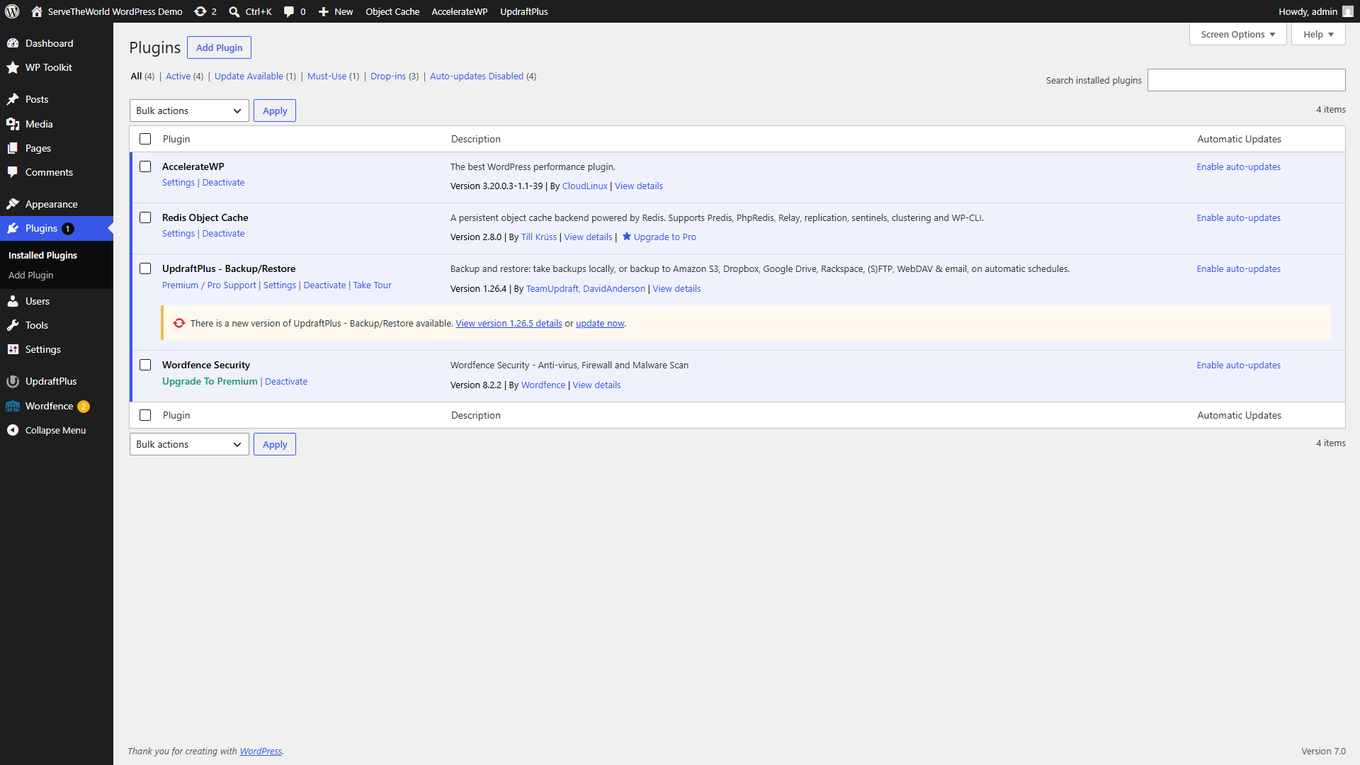 WordPress Installed Plugins screen after cleanup showing only four active plugins remaining
