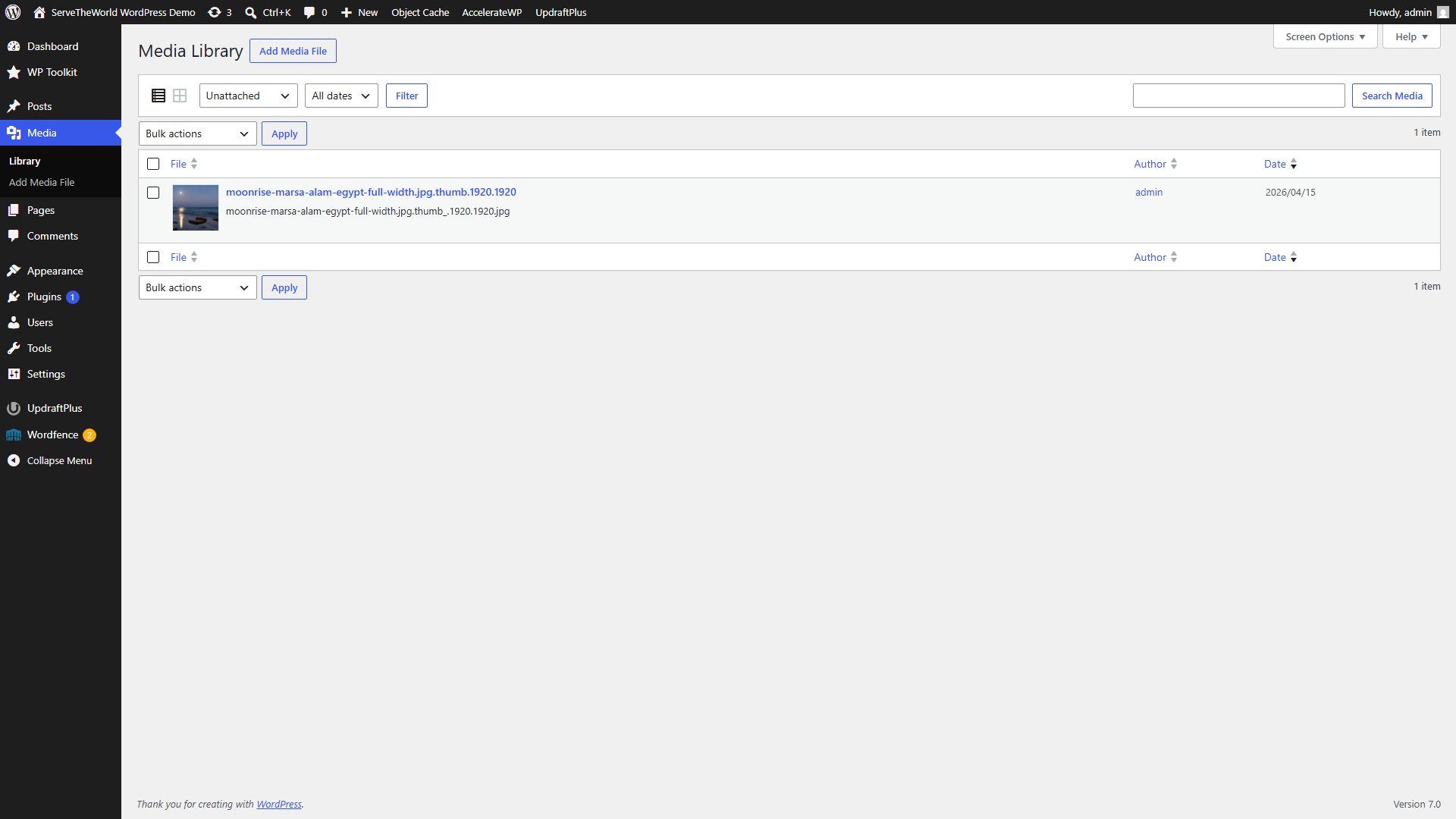 WordPress Media Library in list view filtered to Unattached, showing one image that needs manual verification before any deletion