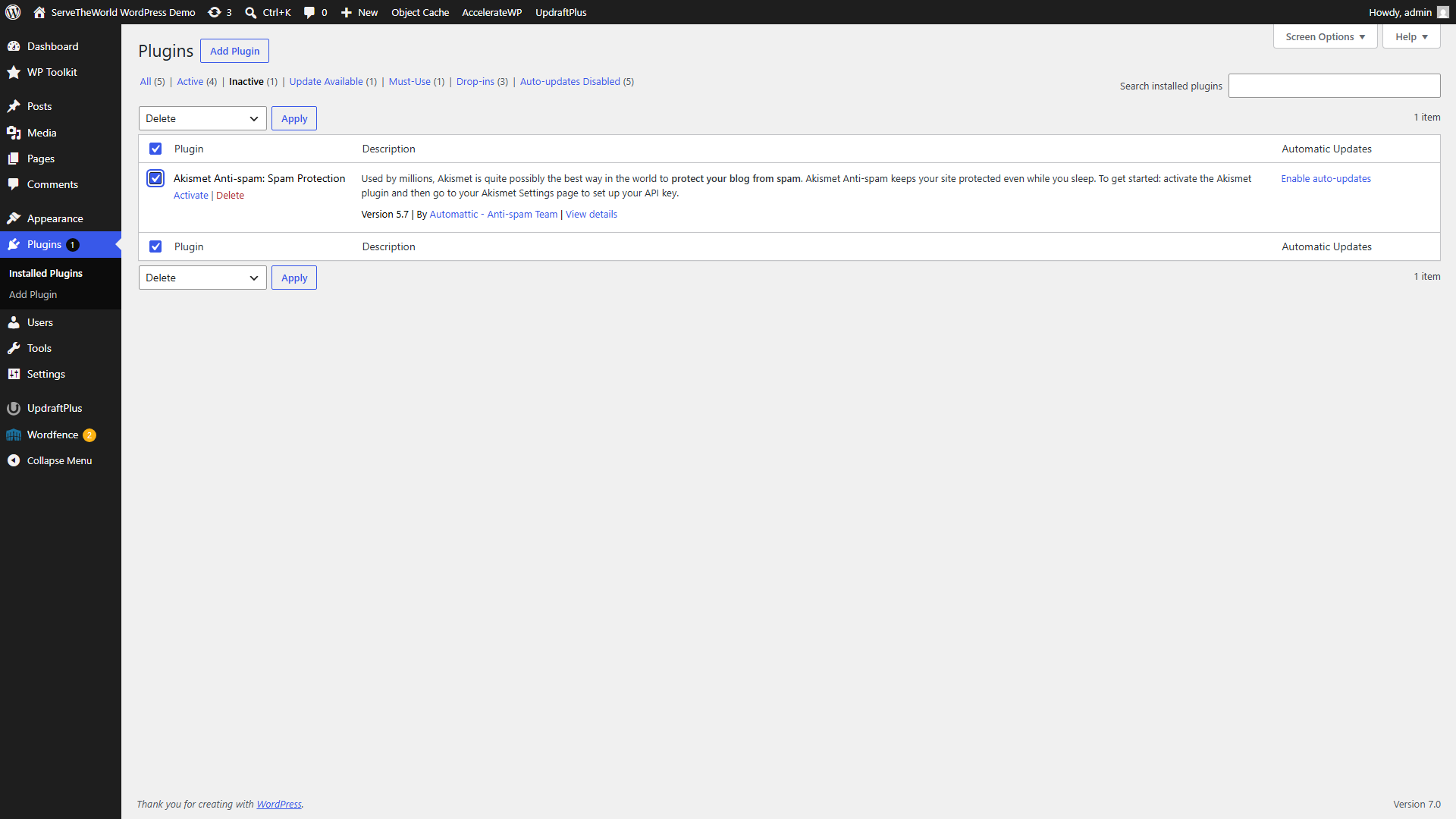 WordPress Installed Plugins screen filtered to inactive plugins, with Akismet selected and Delete chosen in the bulk actions menu