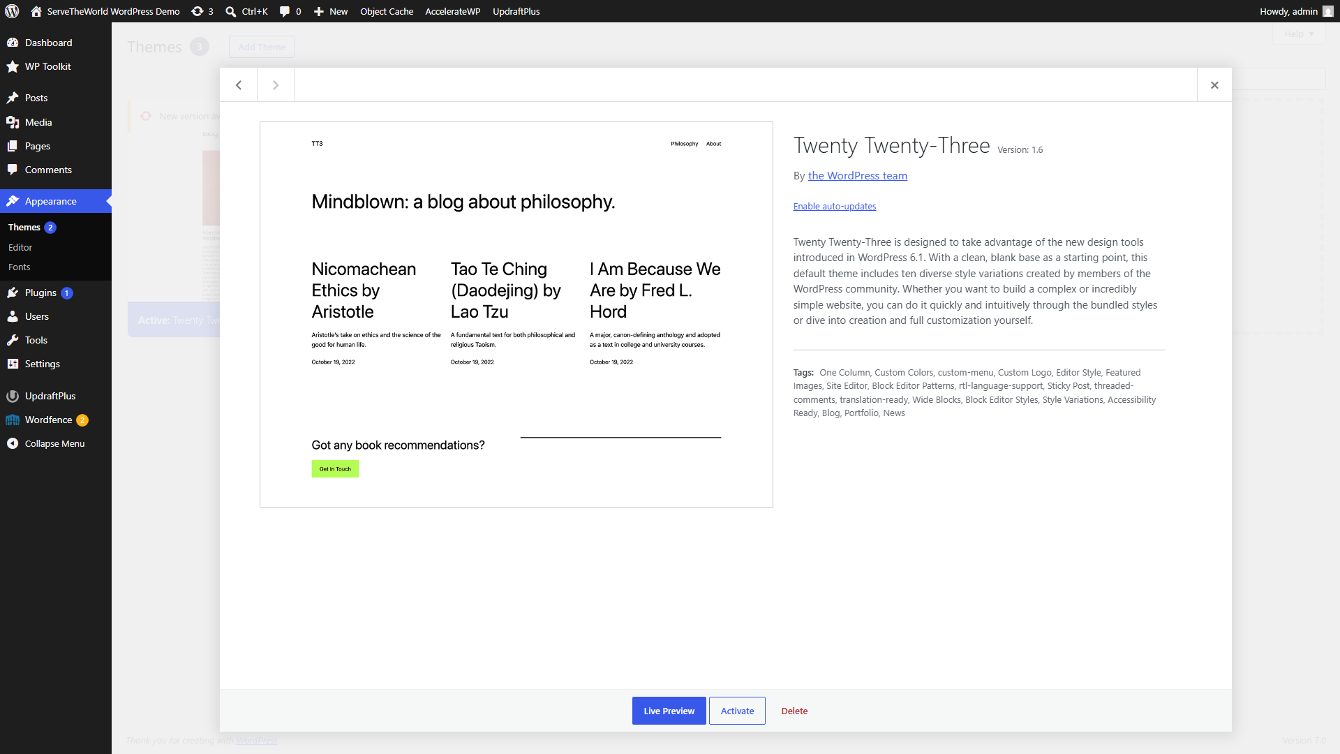 WordPress theme details window for the inactive Twenty Twenty-Three theme with the Delete control visible