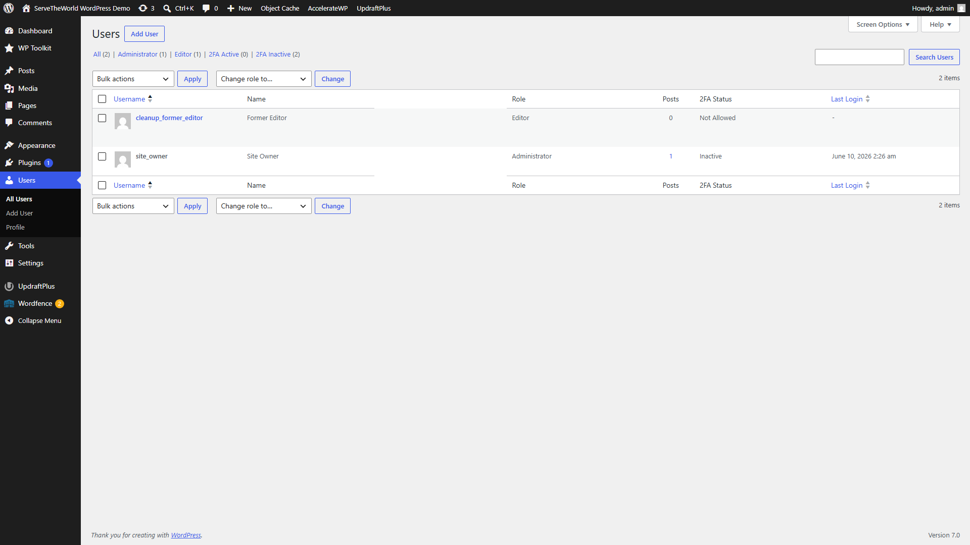 WordPress Users screen showing an administrator account and a leftover editor account from a former team member