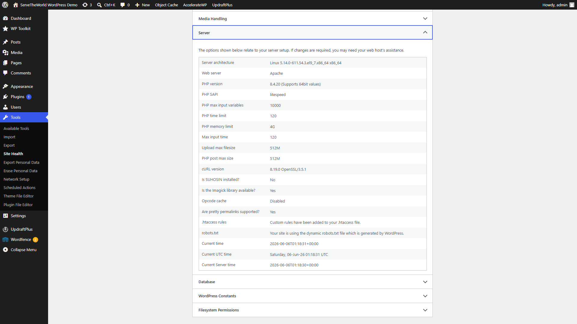 WordPress Site Health Info tab with the Server section expanded, now showing PHP version 8.4.20