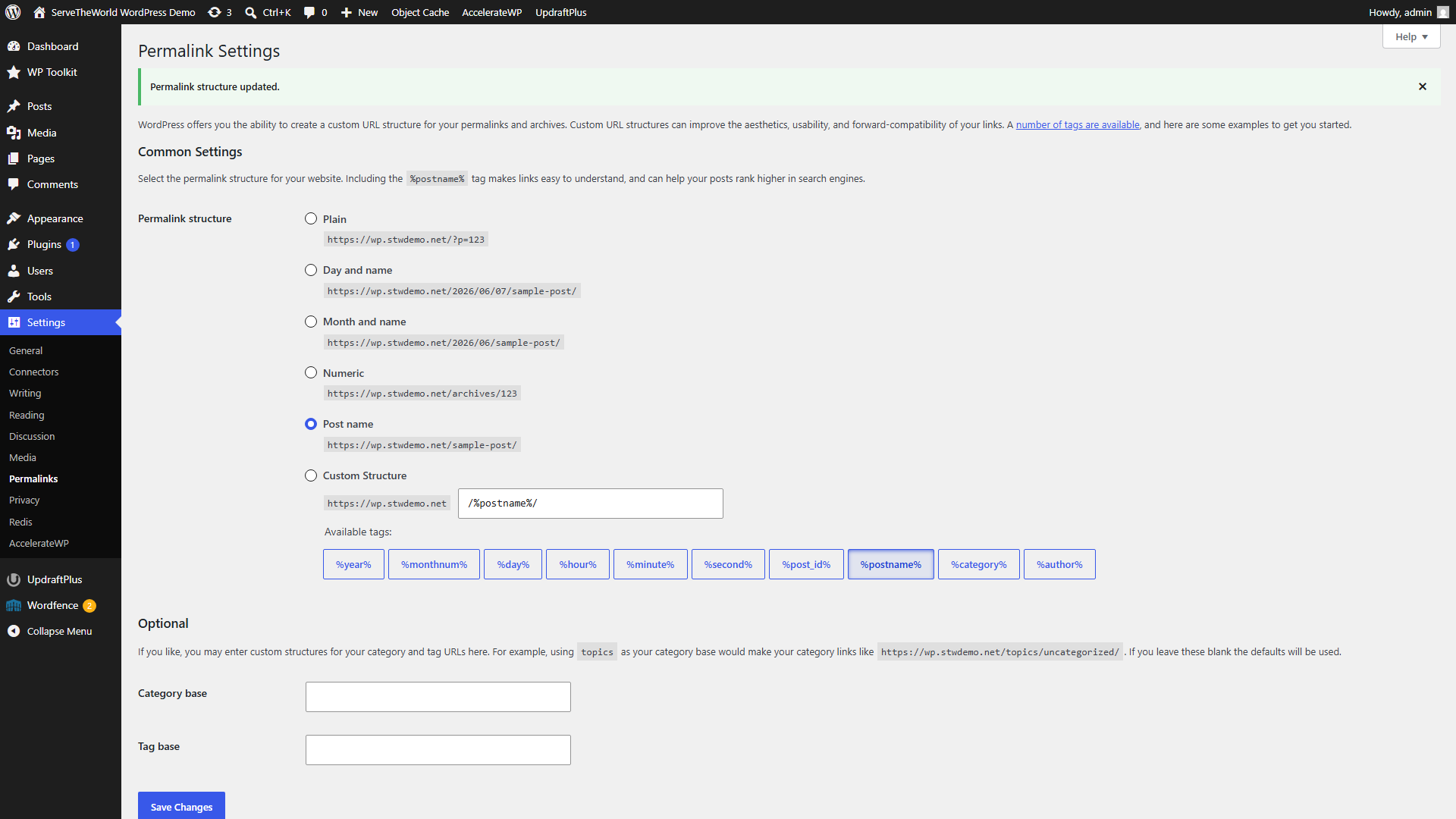 WordPress Permalinks settings showing Post name selected with a successful save notice
