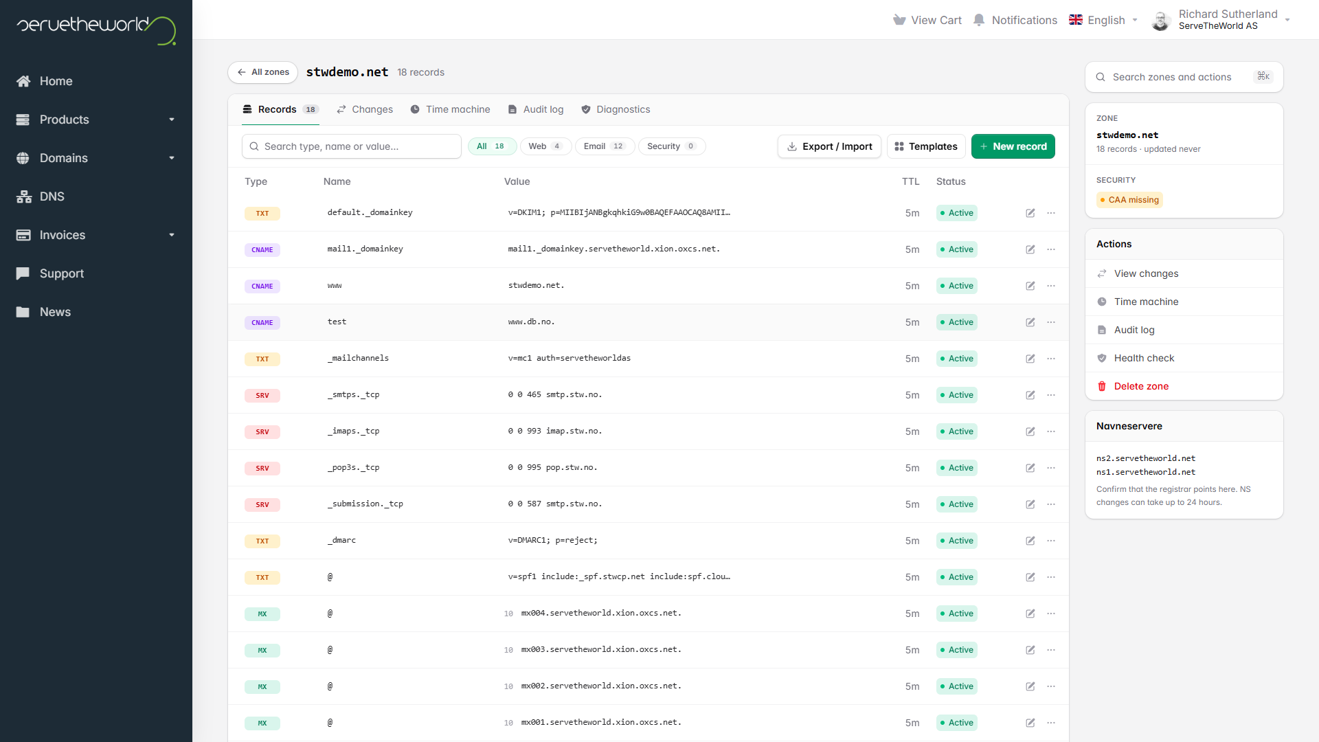 A zone's Records tab listing record type, name, value, TTL, and status