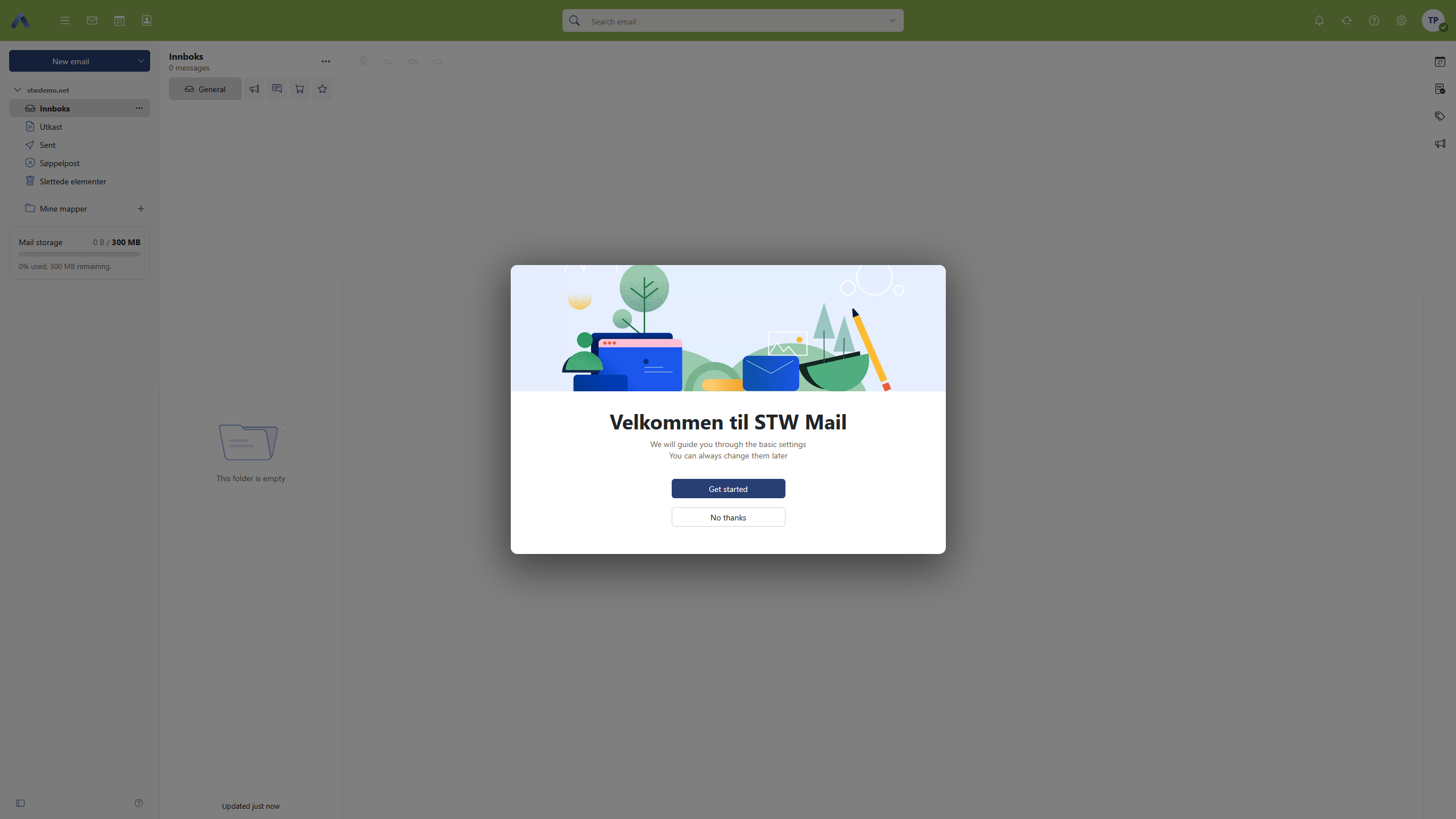 Webmailvinduet til STWmail ved første pålogging, med appene E-post, Kalender, Adressebok, Oppgaver og Portal