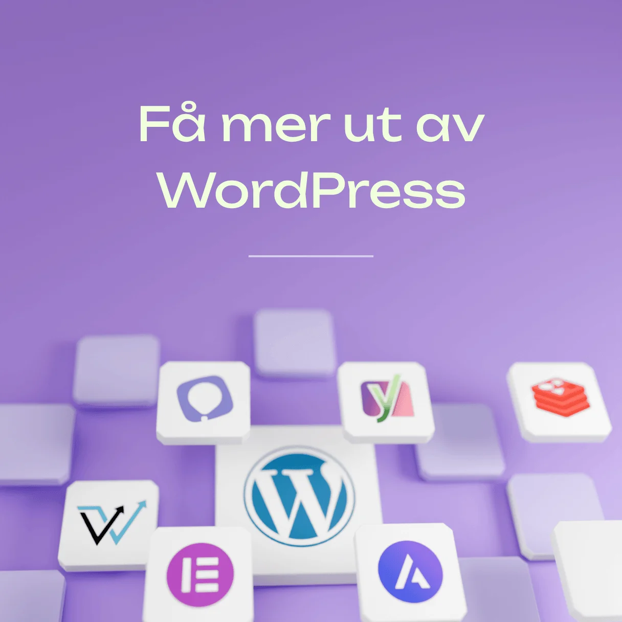 Få mer ut av WordPress. WordPress-logoen omgitt av logoer for utvidelser og verktøy som brukes i veiledningsserien.